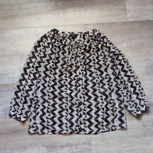 Lucky Brand Blouse XL Sheer Herringbone Zig Zag Tie Neck Lightweight Tunic